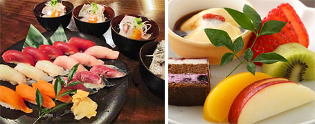 新宿本店の「鯛の潮汁付きお寿司」と「デザートプレート」
