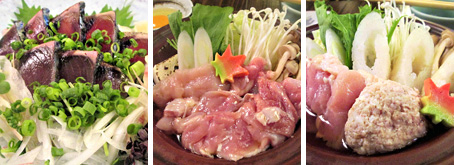左から「高知・戻りカツオの薬味たっぷり土佐造り」、「鳥取・大山地鶏のすき焼き（玉子付き）」、「秋田名物きりたんぽ鍋」です