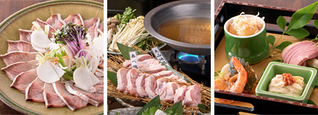 左から「旬鮮魚のカルパッチョ」、「贅沢とり鍋」、「吟味箱（5種類の味わい）」です